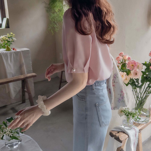 [LABEL] Rosella Lovely Wave Neck Sleeve Pearl Summer Puff Blouse [size:F,1]