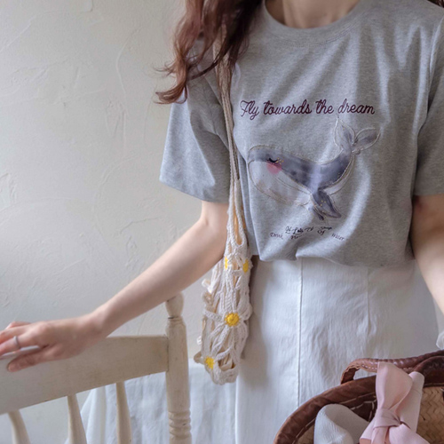 [LABEL] Summer whale and lettering Chewy spandex, sturdy and resilient Tee [size: F(55~66)]