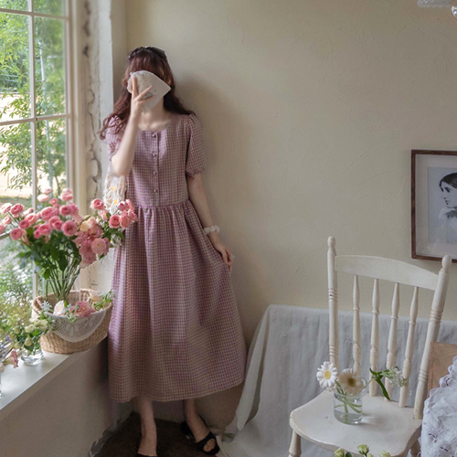 [LABEL] Kelard Cooling Check Wrinkle-free Seersucker Summer Cute Fit One Piece [size: F (55~66)]