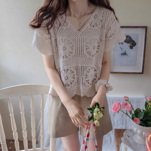 [LABEL]Shuanne lovely wavy Flower Race knitted Blouse [size:F(55~66)]