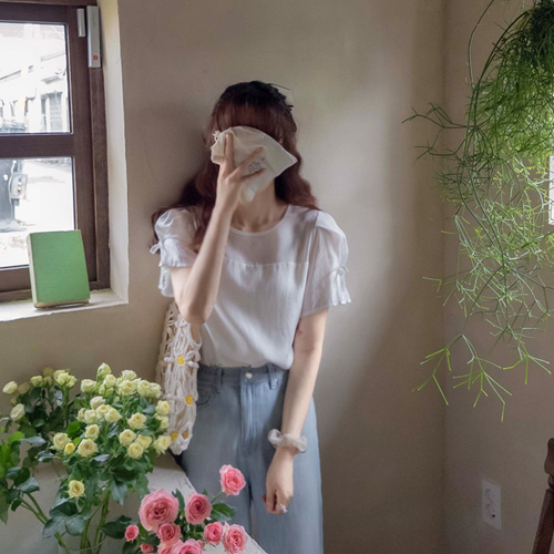 Closure Summer Tencel Ribbon Puff Sleeve Elegant Blouse [size: F(55~66)]