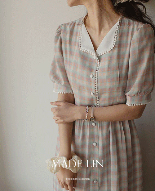 [New 10,000 won special price] <FONT color=#5a3954>MADE LIN</font> Candy Race Check Chiffon One Piece [size: F (55~66)]