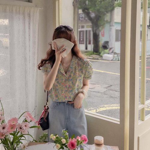 [LABEL] Damian lovely bright flower-dyed loose fit Blouse [size:F,1]