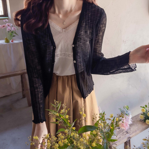 Flexible ribbed bottom hem wave summer sheer cool linen Cardigan [size: F(55~66)]