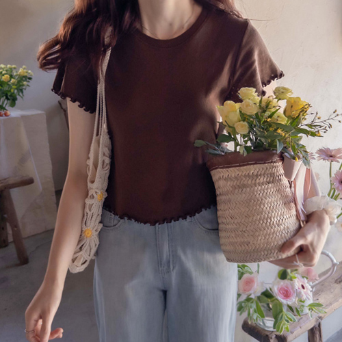 Roysby Sleeve Wave Soft Stretch Mini Punching Summer Crop Tee [size: F(55~66)]