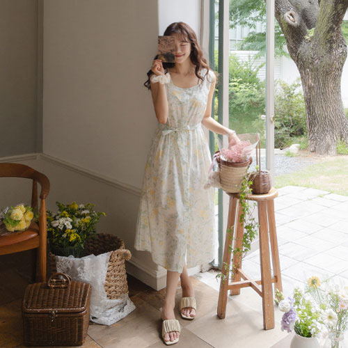Watercolor Waistband Flower Sleeveless One Piece[size:F(55~66)]