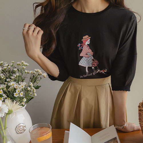 [LABEL] Pretty girl printing puff sleeve tee [size:F,1]