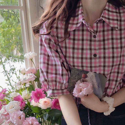 [Best Special Price 10,000 Won Discount] <FONT color=#5a3954>MADE LIN</font> Croyd Refreshing Check 5-Sleeve Autumn Feel Shirt [size: F (55~66)]