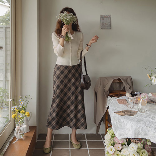 [Autumn Check] Madeleine Check Pattern Flare Banding Skirt [size:F(55~66)]