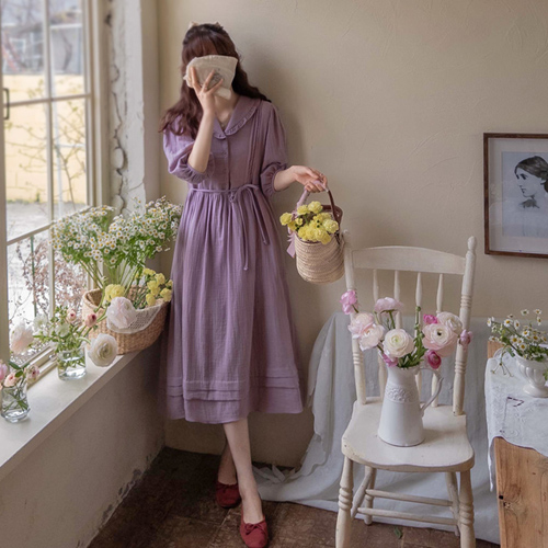<FONT color=#5a3954>MADE LIN</font> [Light Purple] Melbourne Romantic Mood Frill Collar Pin Tuck One Piece [Scratch Sale]
