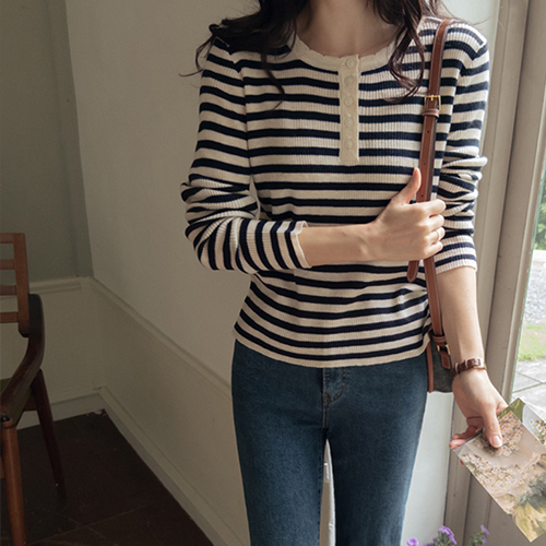 [Wool][Soft~Soft][LABEL] Olden Cozy Button Stripe Knit[size:F(55~66)]