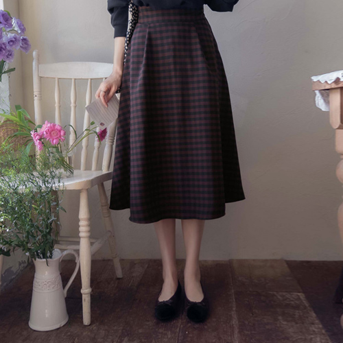 [LABEL] Polancia Season Check Lovely Fit Pintuck Pleated Edge Fit Skirt [size: F (55~66)]