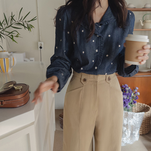 [LABEL] Lovely Fiore Denim Flower Embroidery Blouse [size:F,1]