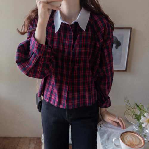 Gemmakara Season Check Balloon Sleeve Daily Shirt [size: F (55~66)]