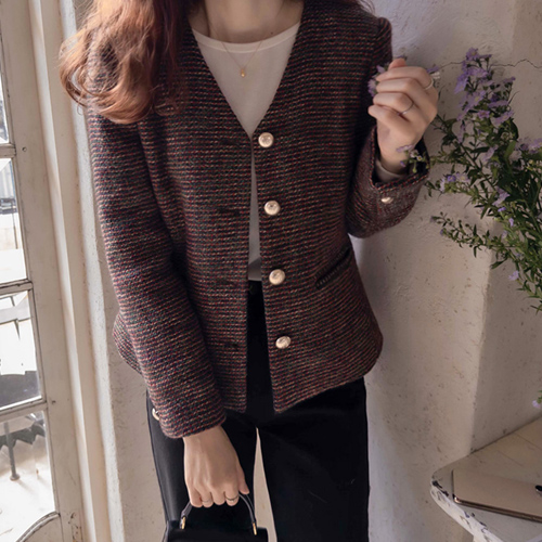 Close Me & Pocket Gold Button Chic Tweed Jacket [size:F(55~66)]