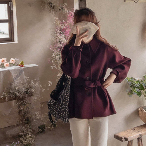 [Handmade Daejeon 50% Sale][Limited quantity of 100 pieces!] <FONT color=#5a3954>MADE PREMIUM</font> [Wine color] Chloe Semokara Handmade Half Coat <FONT color=#d8a4a4>[size: F(55~77)]</font>