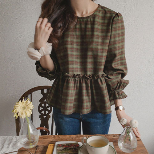 [Fleece Check] <FONT color=#5a3954>MADE LIN</font> Cage Check Frill Sleeve Banding Blouse <FONT color=#d8a4a4>[size:F]</font>