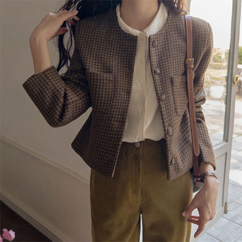 [Wool80%][New product special price 15,000 won discount] <FONT color=#5a3954>MADE LIN</font> Ivy Houndstooth Check Tweed Jacket [size: S, M]