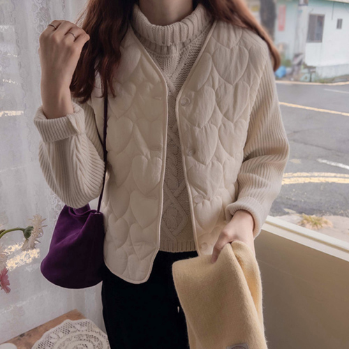 Season Heart Warm Quilted Nubeam Color Block Sleeve Knit Cute Outer [size:F(55~66)]