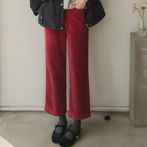 [Warm lining!] Berry corduroy bijou semi-wide straight fit pants [size: S, M, L, XL]