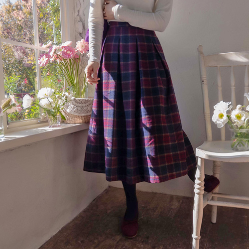 [LABEL] Roanbi check pattern pleated band skirt with good coordination [size: F (55~66)]