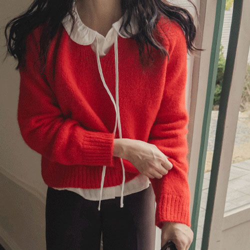 [Wool Contains] [Color Key Point] Red Pudding Soft Basic V-Neck Knit [size: F(55~66)]