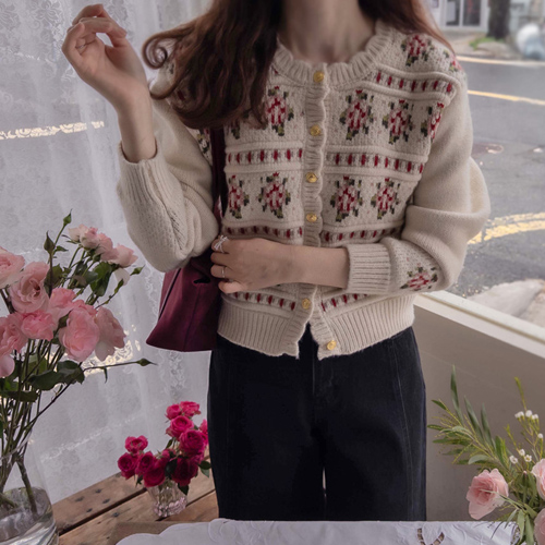 [LABEL] Kinderbell Flower Soft Wave Neck Thick Taste Jacquard Cardigan [size:F(55~66)]