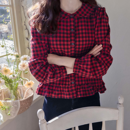 [LABEL] Chatrian round collar check bottom hem sharing blouse [size: F (55~66)]