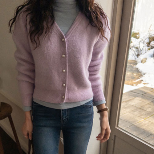 [Board Round] Buried Angora Pearl Button Puff Cardigan [size:F(55~66)]