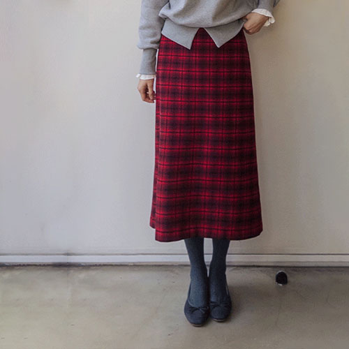 [Black Friday Special 20% ★ Limited Quantity] Sofine Cookie Check Thick Wool Semi-Aline Banding Skirt [size: F (55-66)]