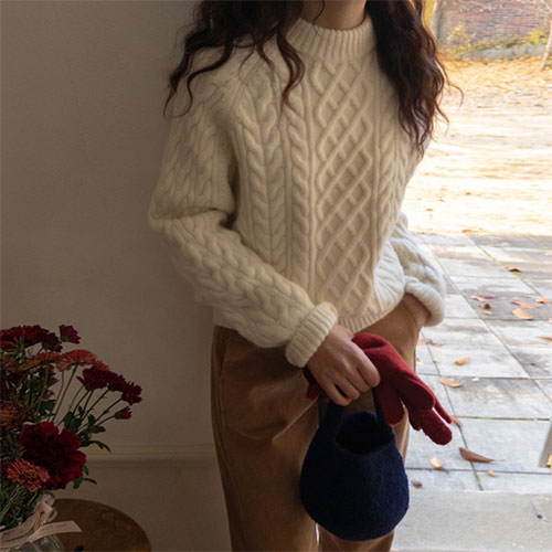 [Wool Contained][LABEL] poster cable knit standard fit knit [size:F(55~66)]