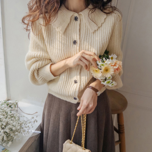 [Contains 50% Wool][LABEL] Zennia Thick Jewel Button Wool Cardigan [size: F(55~66)]