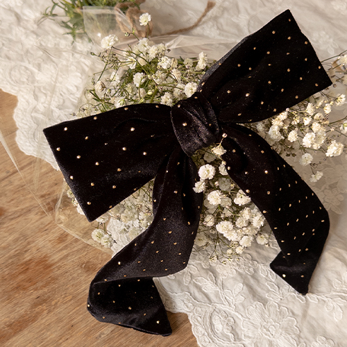 Smoke Flower Velvet Dot Big Ribbon Hair Pin