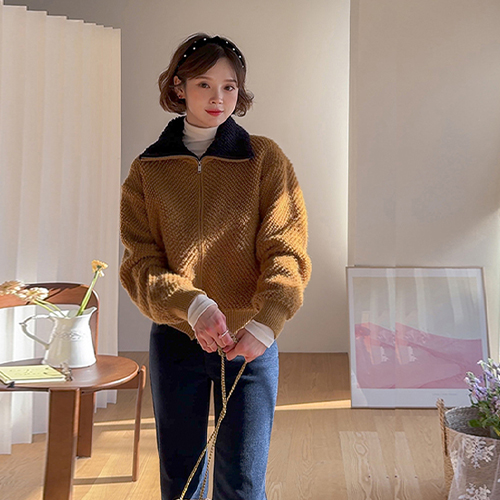 Aenview fluffy hair two-way wool zip-up knit cardigan [size: F (55-66)]