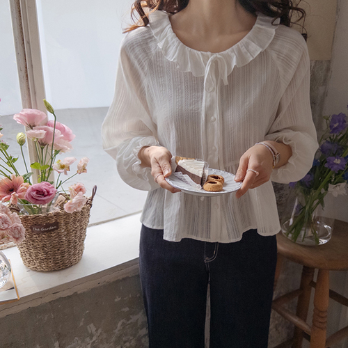 Lumiere hem frill key point shirring blouse [size:F(55~66)]