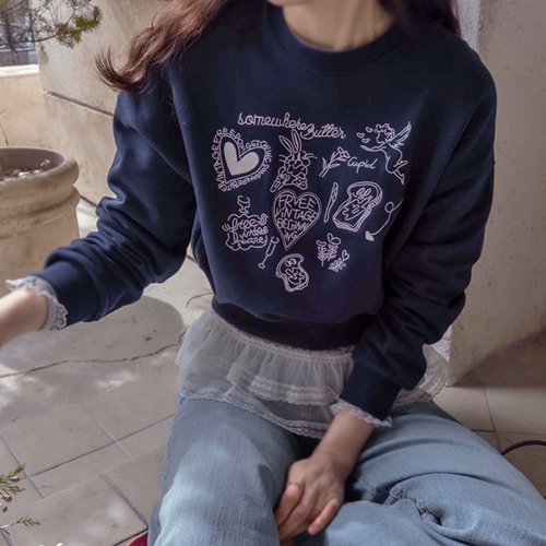 [LABEL] Spring Heart Lettering Embroidery Crop Tee with Good Coordination [size:F(55~66)]