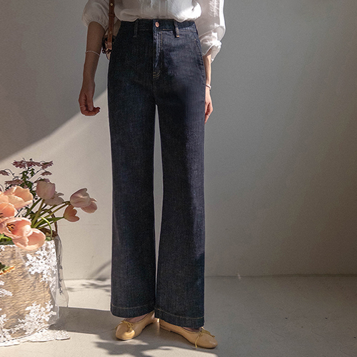 [Caution against infection][LABEL] Audrey's chewy spandex body-shaping semi-wide denim pants [size:S,M,L]