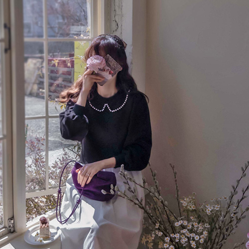 Roman Ribbon Brooch Detachable Pearl Spring Puff Tee [size: F (55~66)]