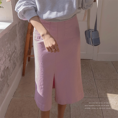 Peony front pocket slit waist back banding Span midi skirt [size:F(55~66)]