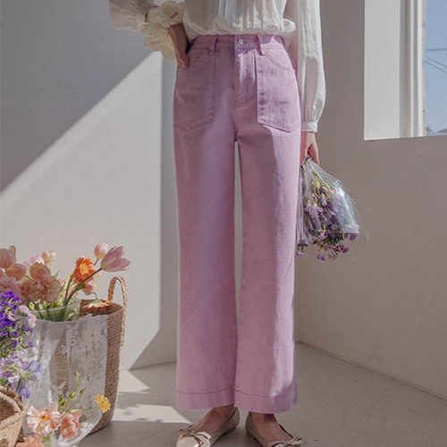 Pink Lavender Moment Big Pocket Stitch One-Way Wide Banding Pants [size:S,M,L]