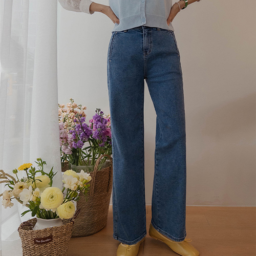 [Comfortable elasticity!] Head solid diagonal pocket semi-wide straight fit denim pants [size: S, M, L, XL]