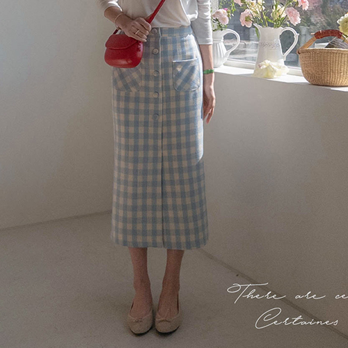 Newello Pretty Bean Button Check Color H-line Skirt [size:F(55~66)]