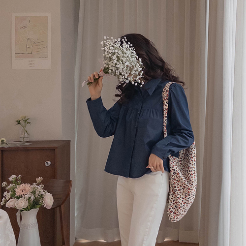 [Best Special Price 5,000 Won Discount] <FONT color=#5a3954>MADE LIN</font> Hayes Non-Stainless Shirring Denim Blouse [size: F (55~66)]