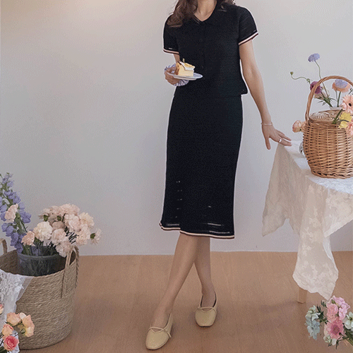 [LABEL][Set] Ansley Kara Button Skashi Knit+ Hem Color Combination Skirt Set [size:F(55~66)]