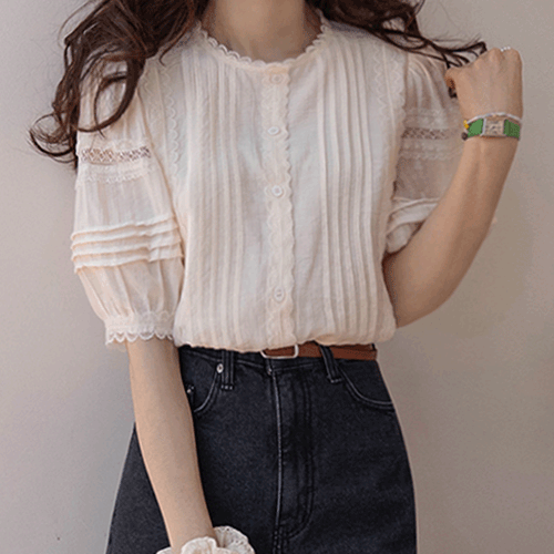 [TENCEL CONTENT][LABEL] Leella Pintuck Shirring Freel Race Blouse [size:F(55~66)]