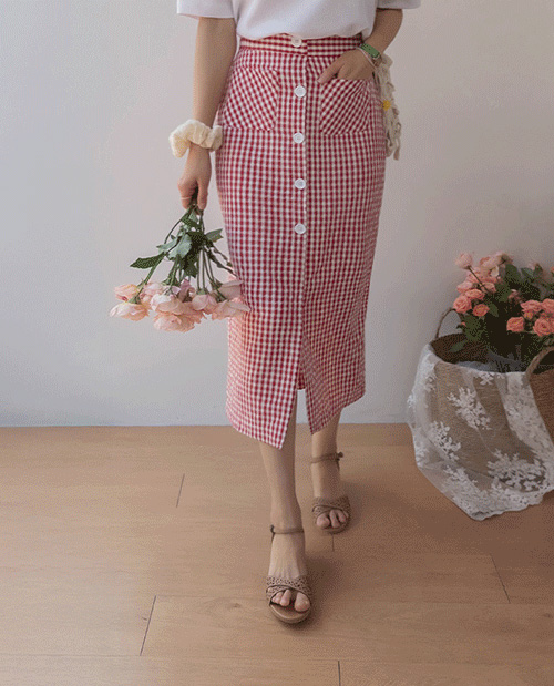 Roaming front pocket button key point check pattern back banding Skirt [size: F (55~66)]