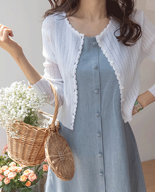 Elves Heart Button Corrugated Summer V-neck Cardigan [size: F (55~66)]