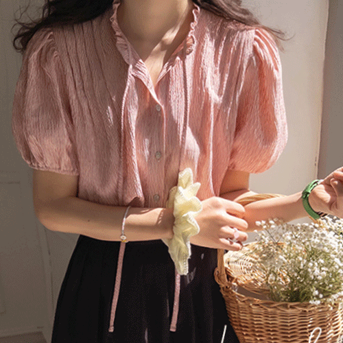 [No need to worry about wrinkles♥][LABEL] rose ribbon tie pin tuck blouse [size:F(55~66)]