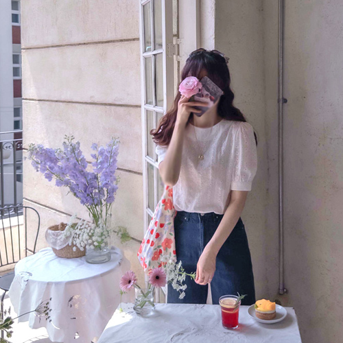 Royveld Punching Flower Embroidery Lovely Puff Elegant Blouse [size:F(55~66)]