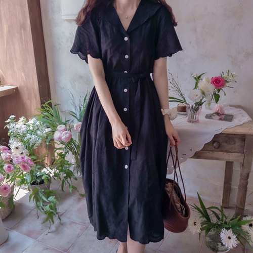 [LABEL] Summer Ribbon Embroidery Sailor Collar Wave Cut Mapsi One Piece [size:F,1]